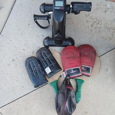 FOAM WORKOUT MAT, STATIONARY PEDALING, BOXING GLOVES, SPEED BAG