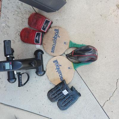 FOAM WORKOUT MAT, STATIONARY PEDALING, BOXING GLOVES, SPEED BAG