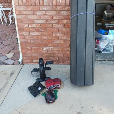 FOAM WORKOUT MAT, STATIONARY PEDALING, BOXING GLOVES, SPEED BAG