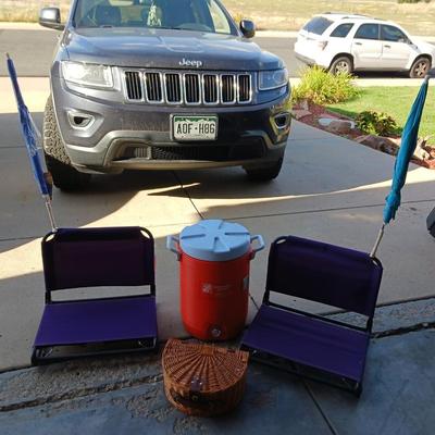 OZARK TRAIL STADIUM CHAIRS, CLIP ON UMBRELLA, BEVERAGE COOLER AND PICNIC BASKET