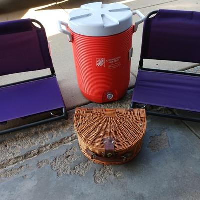OZARK TRAIL STADIUM CHAIRS, CLIP ON UMBRELLA, BEVERAGE COOLER AND PICNIC BASKET