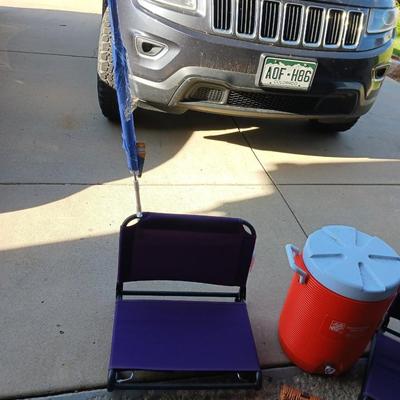 OZARK TRAIL STADIUM CHAIRS, CLIP ON UMBRELLA, BEVERAGE COOLER AND PICNIC BASKET