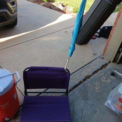 OZARK TRAIL STADIUM CHAIRS, CLIP ON UMBRELLA, BEVERAGE COOLER AND PICNIC BASKET