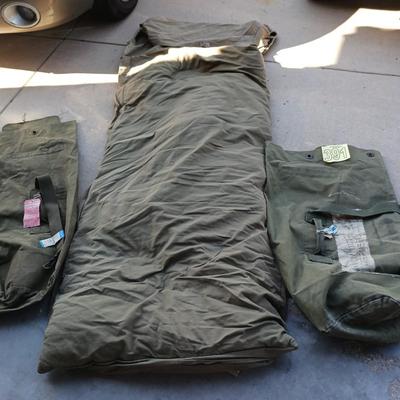 MILITARY ISSUED SLEEPING BAG AND 2 BAGS