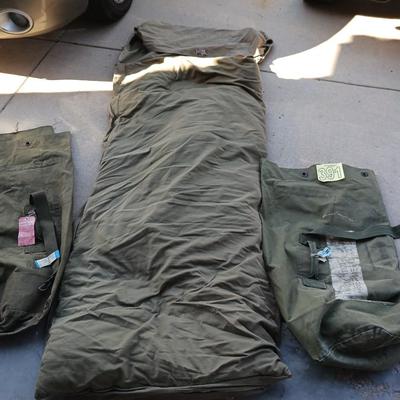 MILITARY ISSUED SLEEPING BAG AND 2 BAGS