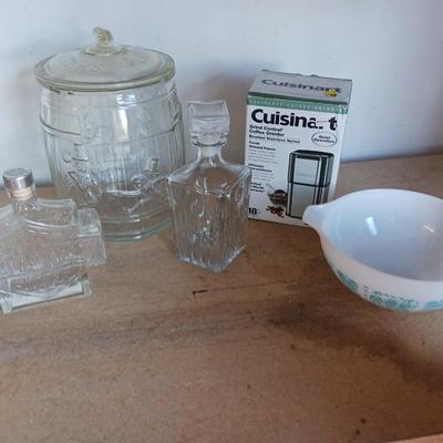 PLANTERS PEANUTS GLASS CANISTER, COFFEE GRINDER, PYREX BOWL AND MORE