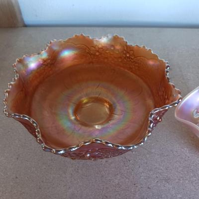 2 AMBER CARNIVAL GLASS BOWLS
