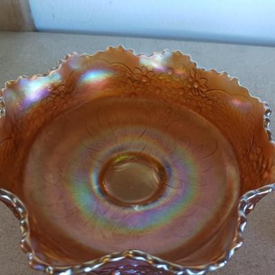 2 AMBER CARNIVAL GLASS BOWLS