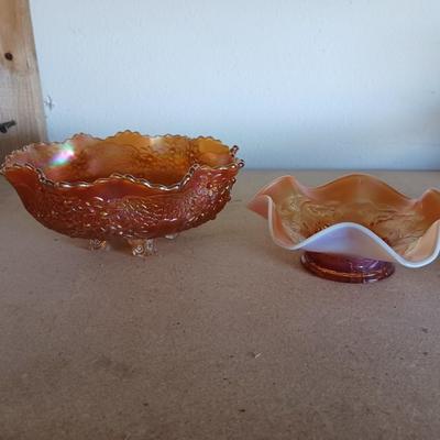 2 AMBER CARNIVAL GLASS BOWLS