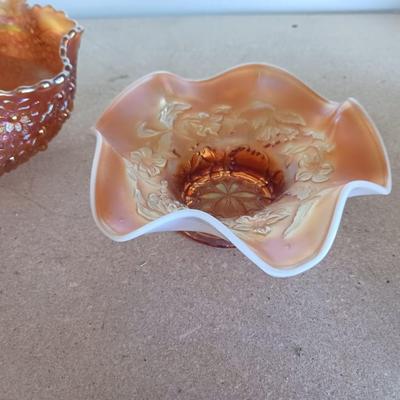 2 AMBER CARNIVAL GLASS BOWLS