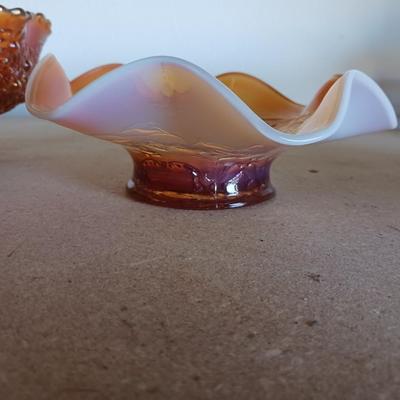 2 AMBER CARNIVAL GLASS BOWLS