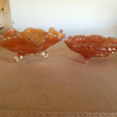 2 FOOTED AMBER CARNIVAL GLASS BOWLS