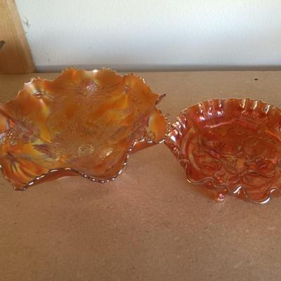 2 FOOTED AMBER CARNIVAL GLASS BOWLS