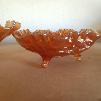 2 FOOTED AMBER CARNIVAL GLASS BOWLS