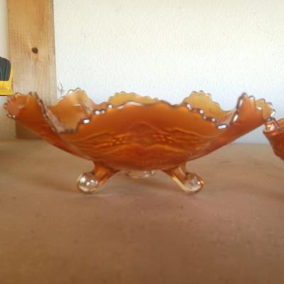 2 FOOTED AMBER CARNIVAL GLASS BOWLS