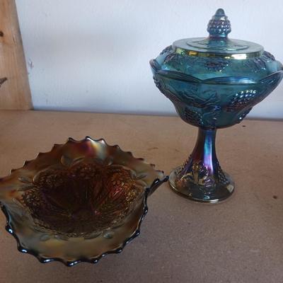 CARNIVAL BLUE CANDY DISH AND FOOTED BOWL