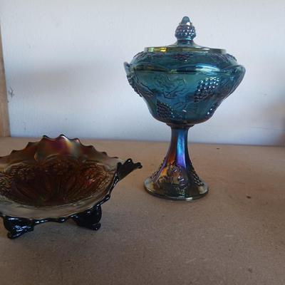CARNIVAL BLUE CANDY DISH AND FOOTED BOWL