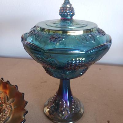CARNIVAL BLUE CANDY DISH AND FOOTED BOWL