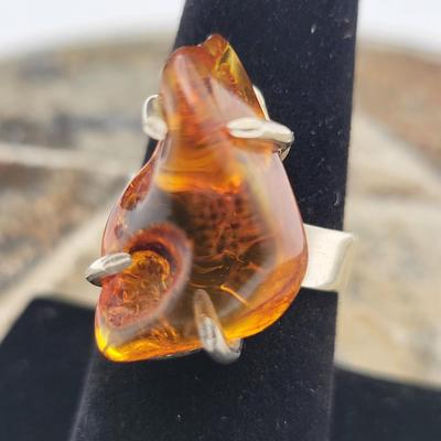 Genuine Amber Free-Form Nugget Pendants & SS Ring