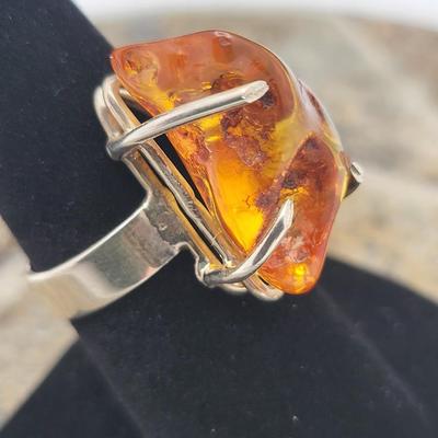 Genuine Amber Free-Form Nugget Pendants & SS Ring