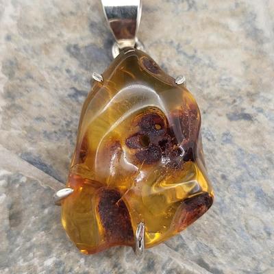 Genuine Amber Free-Form Nugget Pendants & SS Ring