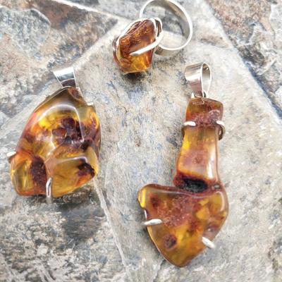 Genuine Amber Free-Form Nugget Pendants & SS Ring