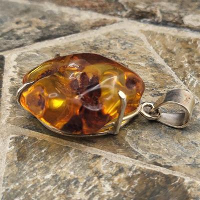 Genuine Amber Free-Form Nugget Pendants & SS Ring