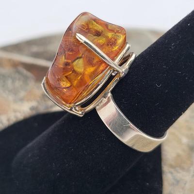 Genuine Amber Free-Form Nugget Pendants & SS Ring