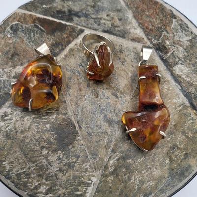 Genuine Amber Free-Form Nugget Pendants & SS Ring