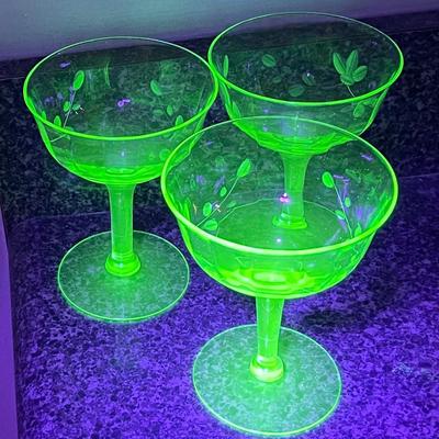Uranium Glass (3) Elegant Etched Champagne Glasses