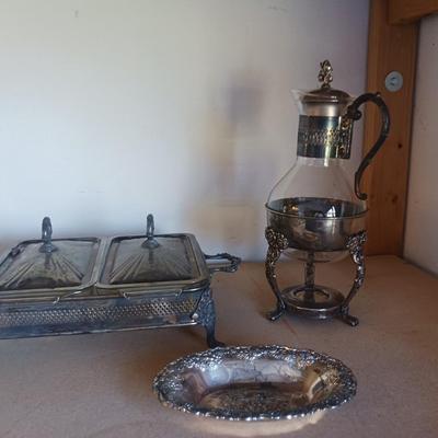 SILVER PLATED CHAFING DISH, CARAFE AND RELISH DISH
