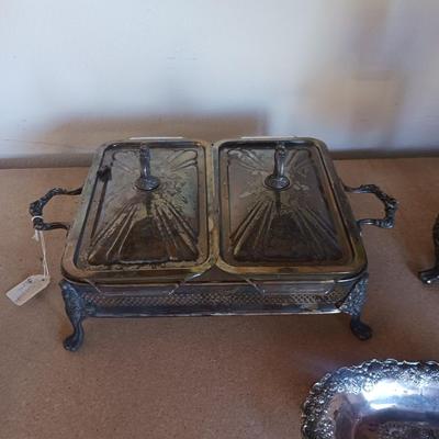SILVER PLATED CHAFING DISH, CARAFE AND RELISH DISH
