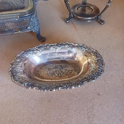 SILVER PLATED CHAFING DISH, CARAFE AND RELISH DISH