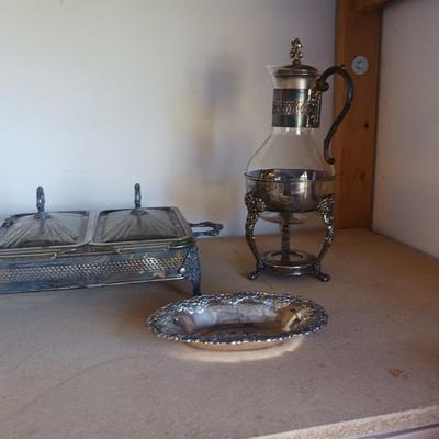 SILVER PLATED CHAFING DISH, CARAFE AND RELISH DISH