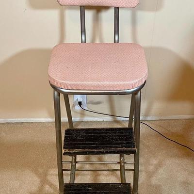Mid Century Modern Pink Vinyl & Metal Kitchen Chair Stool Ladder Combo