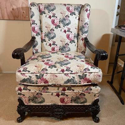 Antique French Baroque Carved Walnut Upholstered Wingback Chair