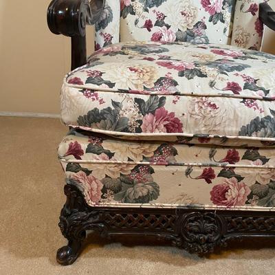Antique French Baroque Carved Walnut Upholstered Wingback Chair