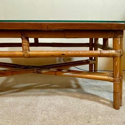 Vintage Rattan Bamboo Coffee Table with Wood Tabletop