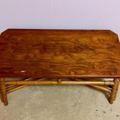 Vintage Rattan Bamboo Coffee Table with Wood Tabletop