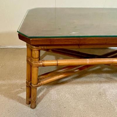 Vintage Rattan Bamboo Coffee Table with Wood Tabletop