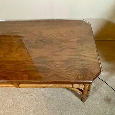 Vintage Rattan Bamboo Coffee Table with Wood Tabletop