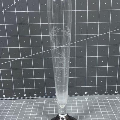 Antique Etched Glass Bud Vase, Weighted Sterling Base