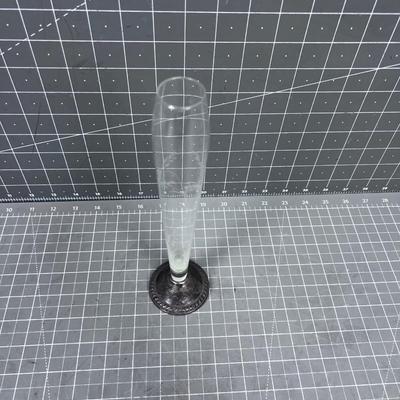 Antique Etched Glass Bud Vase, Weighted Sterling Base