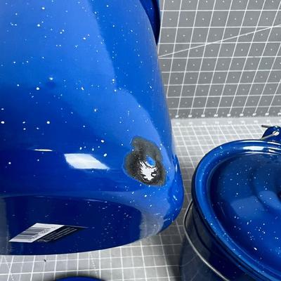 2 Blue New Enamel Pots with Lids 