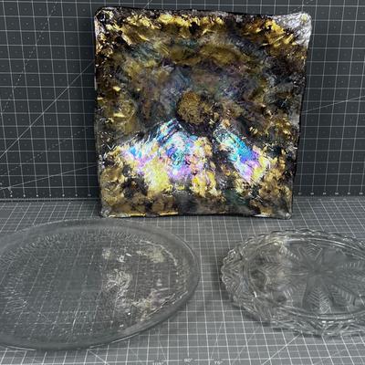 Decorative Glass Square Bowl and 2 Clear Glass Serving Platters