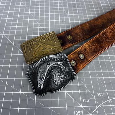 2 Vintage Belt And Buckle with Trout and Boy Scott Philmont 