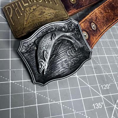 2 Vintage Belt And Buckle with Trout and Boy Scott Philmont 