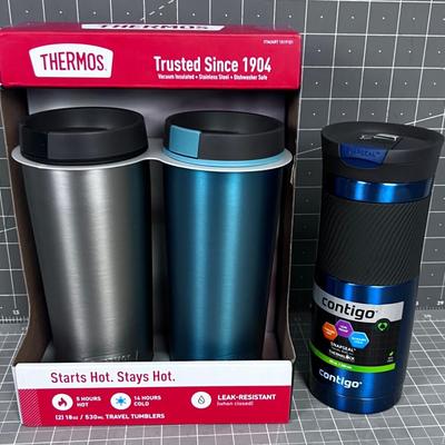 3 Thermos (2)  and (1) Contigo Metal Hot Drink Mugs NEW 