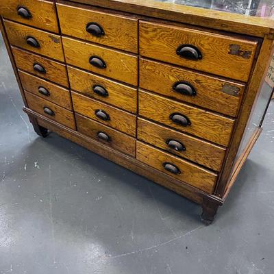 Antique Oak Glass Display Counter with Drawers From a Haberdashery or Hosiery Counter -  