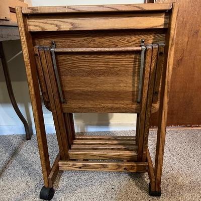 4 Vintage Solid Wood Folding Trays w. Storage Rack on Casters